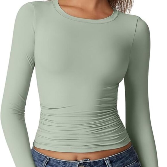 QINSEN Tops - QINSEN Womens Crewneck Long Sleeve Shirt Double Lined Basic Tees Side Ruched